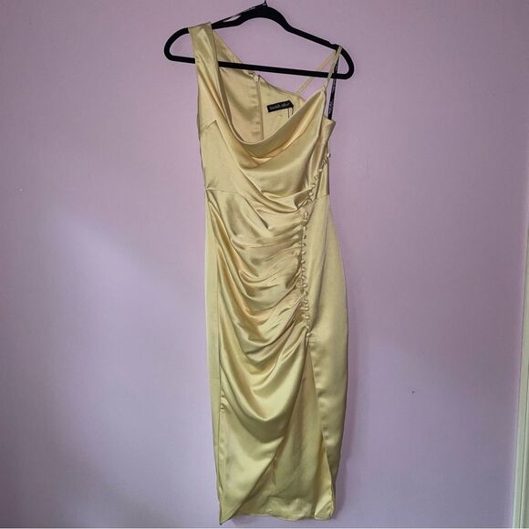 NEW Lavish Alice 4 Midi Cocktail Dress Cream Ruched Cowl Neckline - Picture 1 of 9